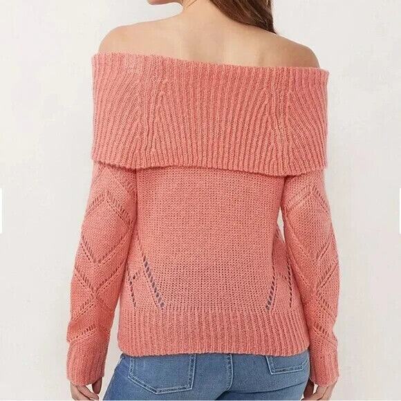 Lauren Conrad Coral Off the Shoulder Pointelle Sweater Sz S - Picture 1 of 8